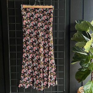 XS - LOFT - Black Floral Long Skirt with Side Slit